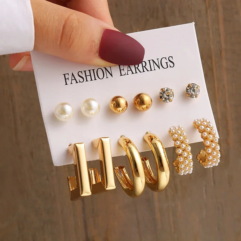 New Gold Color Vintage Geometry Pearl Earrings Set Metal Twine Square Dangle Earring Round For Women'S Trendy Jewelry