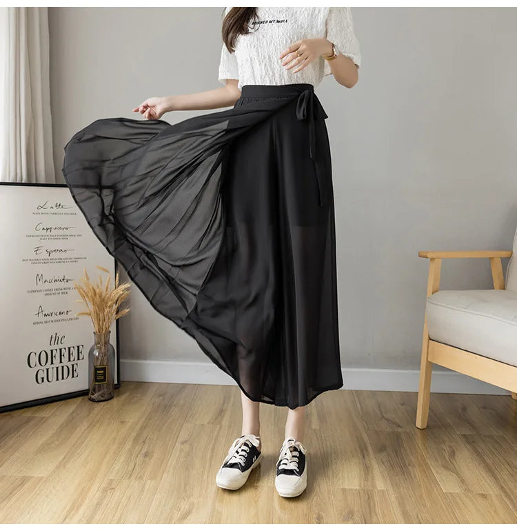 Summer Elastic Pleated Skirt Women Chiffon Trouser Skirt High Waist Casual Wide Leg Pants Fashion Streetwear Pants Pantalones