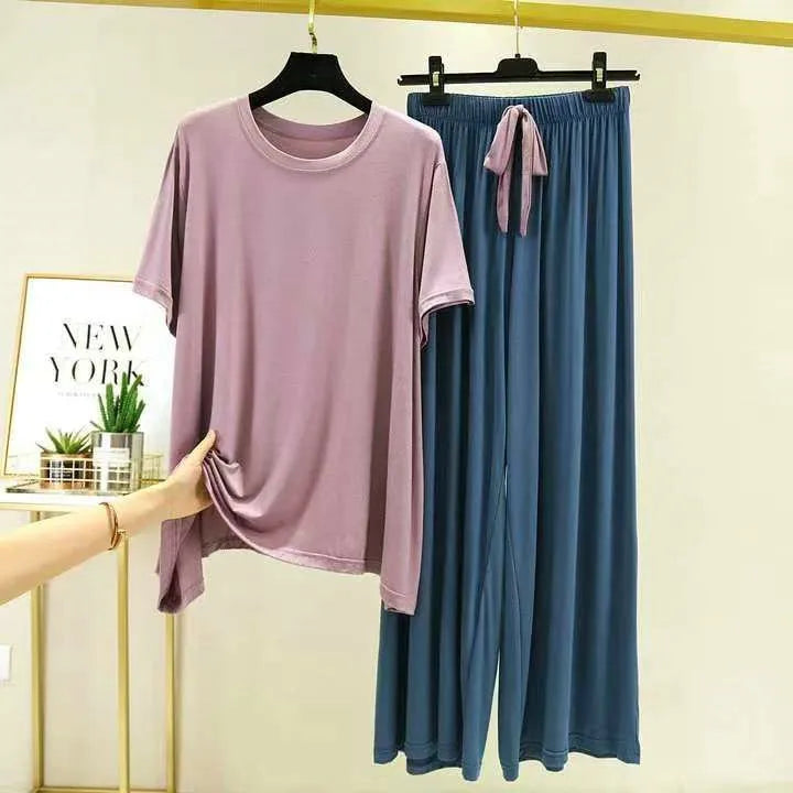 DIDUQIPAO Women's Modal Pajama Set - Short Sleeve Shirt & Pants