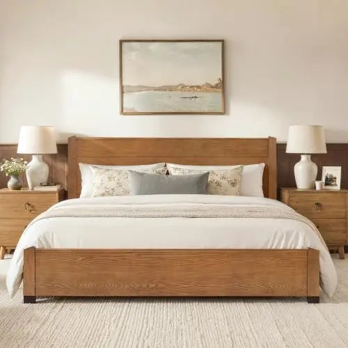 King Size Bed Frame, Mid-Century Solid Wooden Platform Bedframe with 42" High Headboard, Sturdy 800lb Heavy Duty Bed