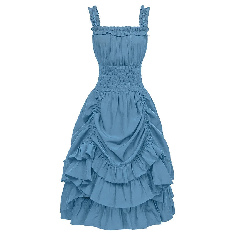 2026 Vintage Victorian Ruffle Midi Dress,High Waist A Line Women Sling Dress,Medieval Cosplay Party Dress for Women Summer Beach