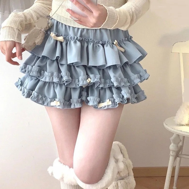 Women Short Skirt Female Elastic Waist Tutu Skirts Ruffled A-line Mini Pleated Cake Skirt