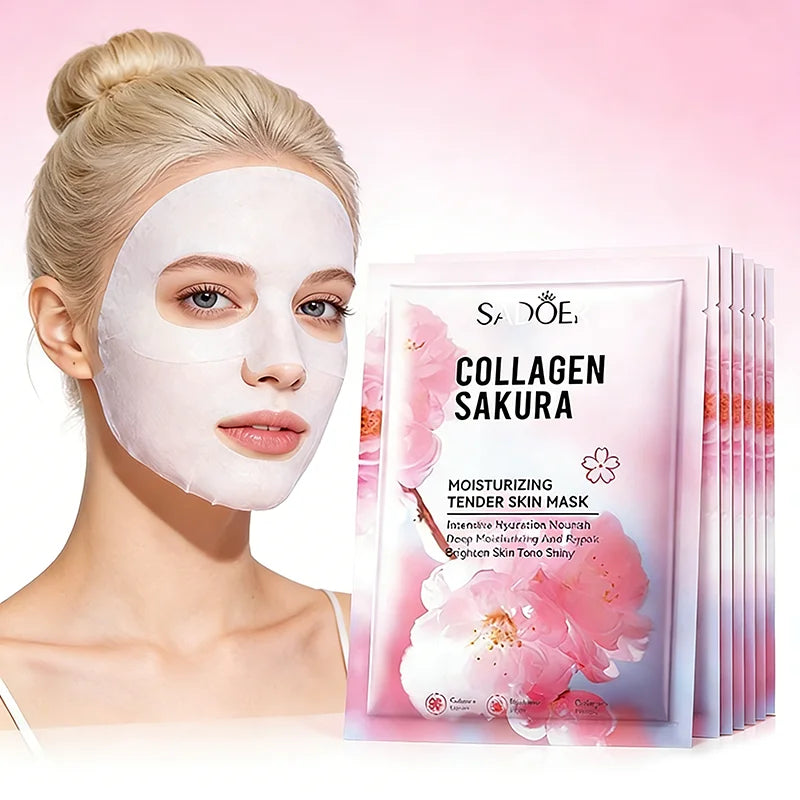 5pcs SADOER Sakura Face Mask Facial Skincare Moisturizing Brightening Hydrating Firming Collagen Facial Masks Face Sheet Mask