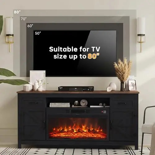 Fireplace TV Stand, 70" Farmhouse TV Stand with Barn Door for 80" TVs, Entertainment Center with Black Fireplace &