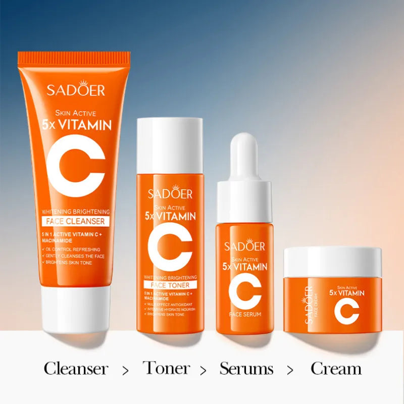 4pcs/box SADOER 5x Vitamin C Kit Whitening Moisturizing Travel Set(Facial Cleanser, Toner, Serum, Face Cream）