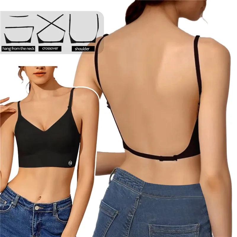 Women'S Invisible Bra Deep U Plunge Bras Backless Top For Dresses Sexy Lingerie With Transparent Strap Push Up Strapless Underwea