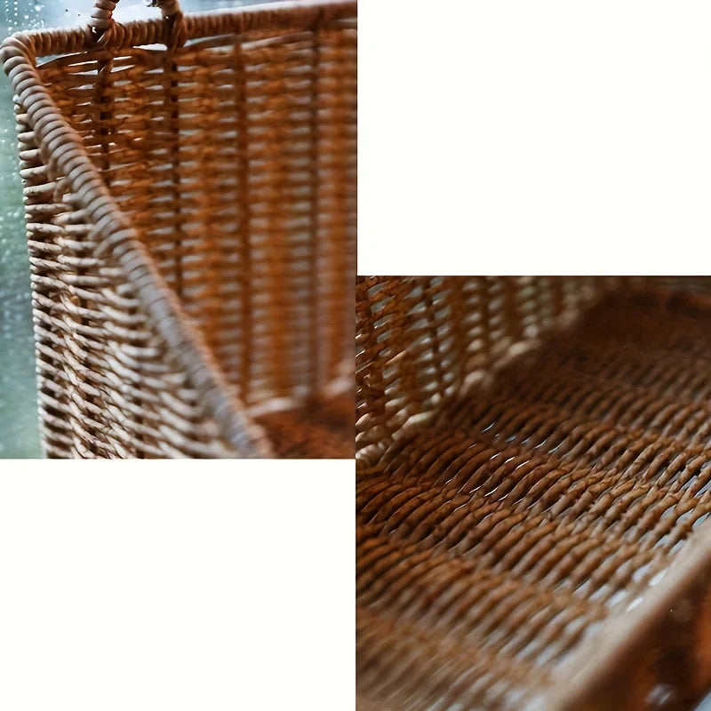 1pc Rustic Wall-Mounted Basket with Hooks - Woven Rattan Storage Hamper Suitable for Bathroom, Kitchen, Bedroom & Living Room