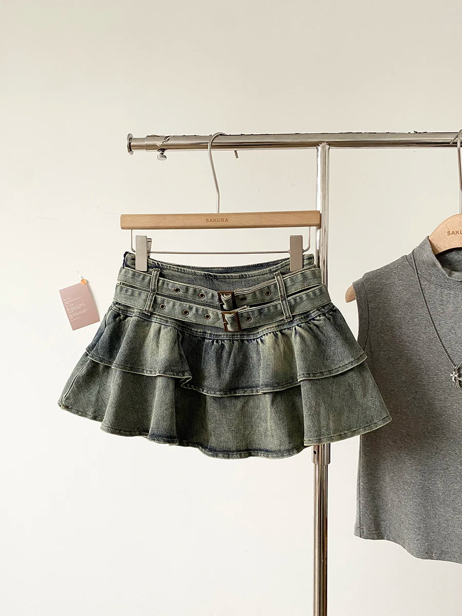 Low Waist Denim Skirt Women's Spring 2026 New Style Double Belt Anti-Light Short Skirt Casual High Waist Polyester Fiber