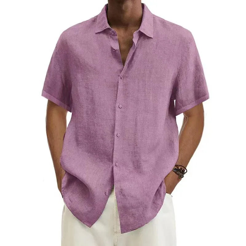Men's Cotton Linen Button Short Sleeve Shirt Loose Fit Classic Collar Trendy Casual Summer Fashion Pure Color Youth Clothing