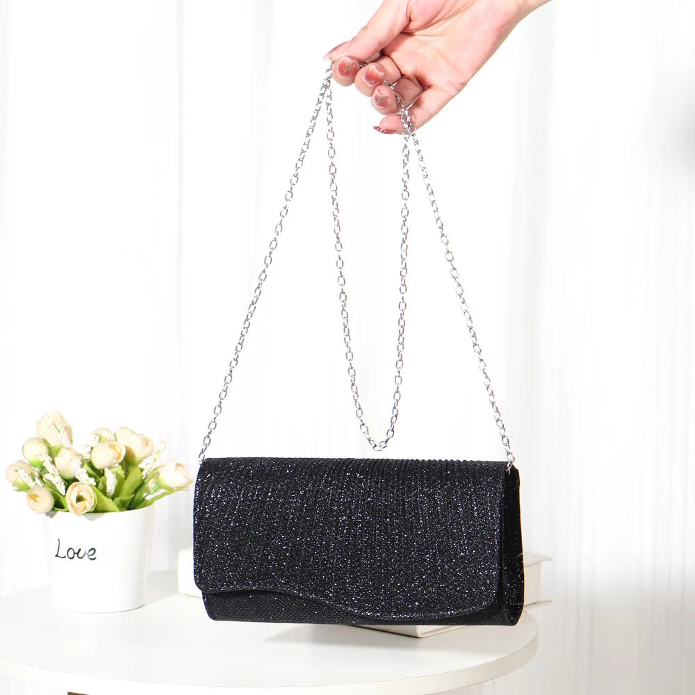 2026 New Women Fold Glitter Handbag Shiny Envelope Evening Bag Ladies Pleated Silver Clutch Chain Wedding Party Mini Long Purse