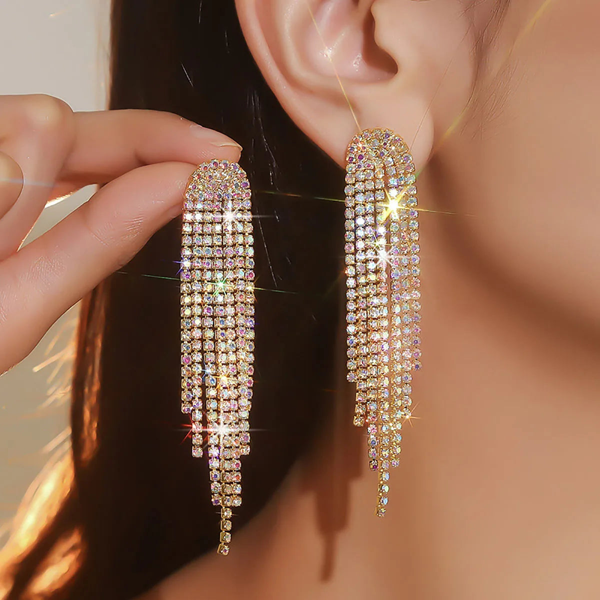 Treazy Shiny 4 Lines Rhinestone Crystal Tassel Long Earrings For Women'S Wedding Hanging Dangle Earrings Bridal Brincos