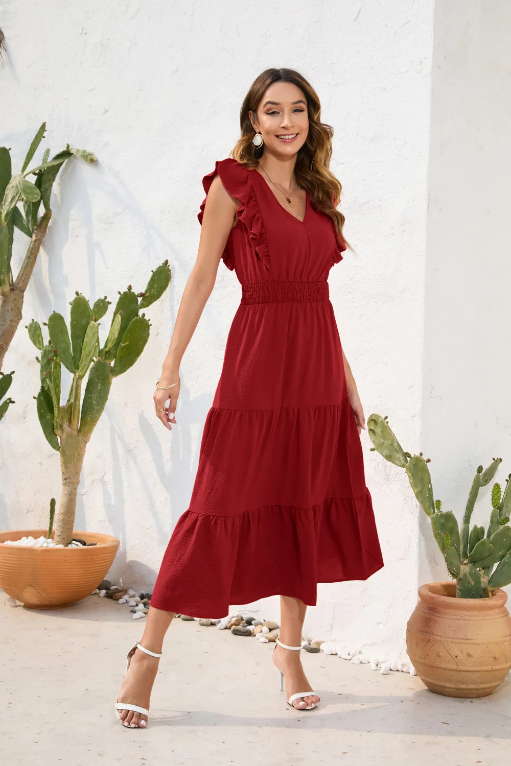 VigoCasey 2026 Summer Female Solid Long Dress Women Sexy Ruffle Sleeveless V Neck Long Dress Lady Casual High Waist Dresses