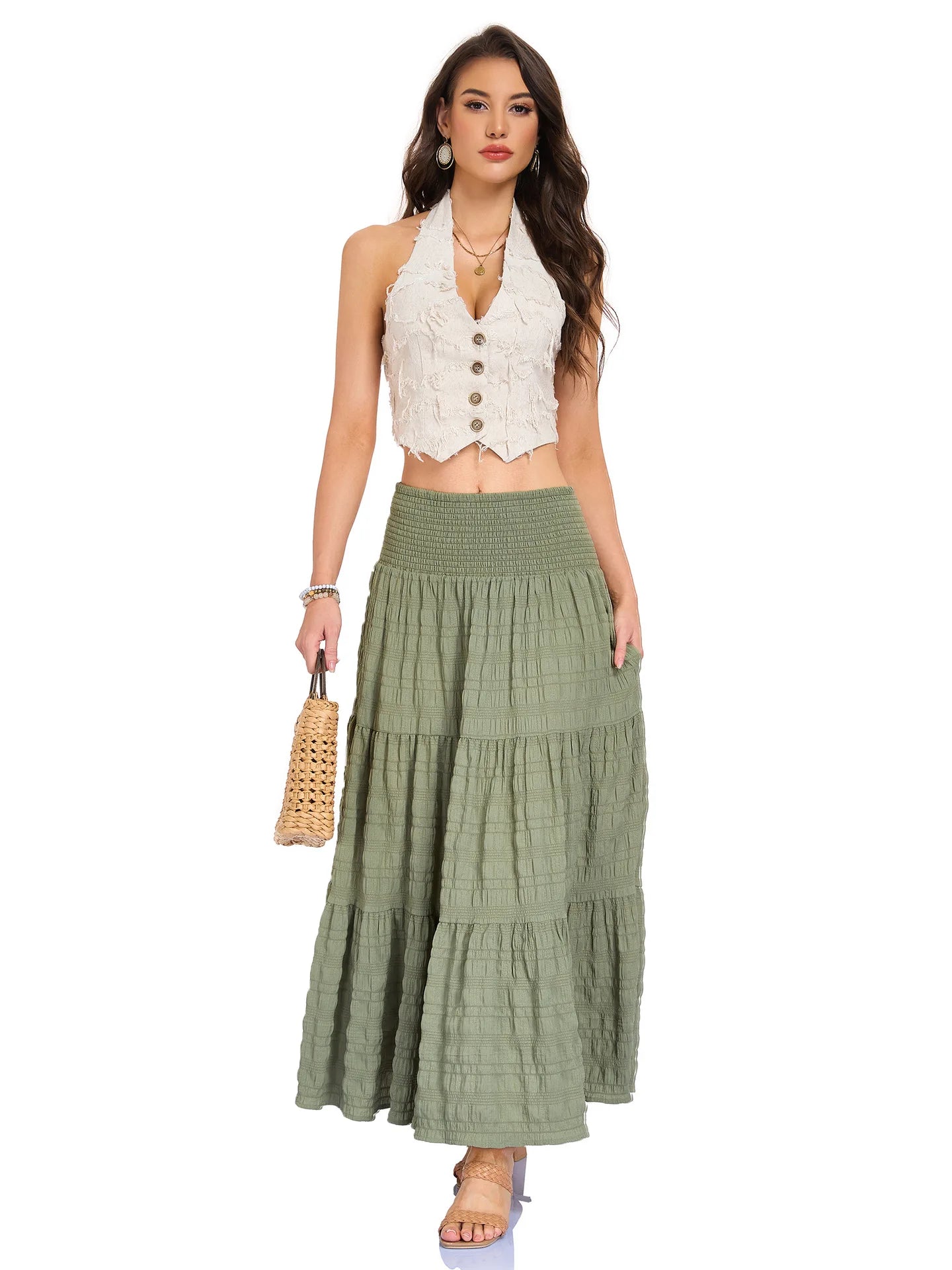 New In 2026 Women's Spring Summer Casual Long Skirts Female Elasticity High Waist Solid Color Maxi Skirt