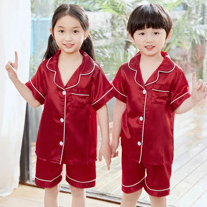 Purple Satin Pajamas Sets for Girls Outfit Sleepwear Set Silk Short Sleeve Pijama Toddler Boy Children's Clothing Kids Home Wear