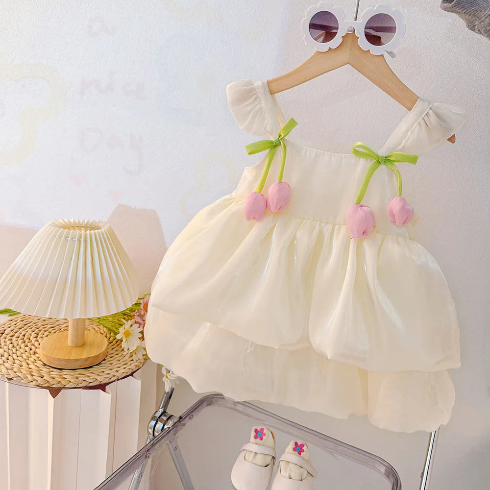 Summer New Tulip Pattern Solid Color Halter Puffy Girl Kid's Dress Cute Casual Princess Dress For Baby Girl ( 0-2 Years Old)