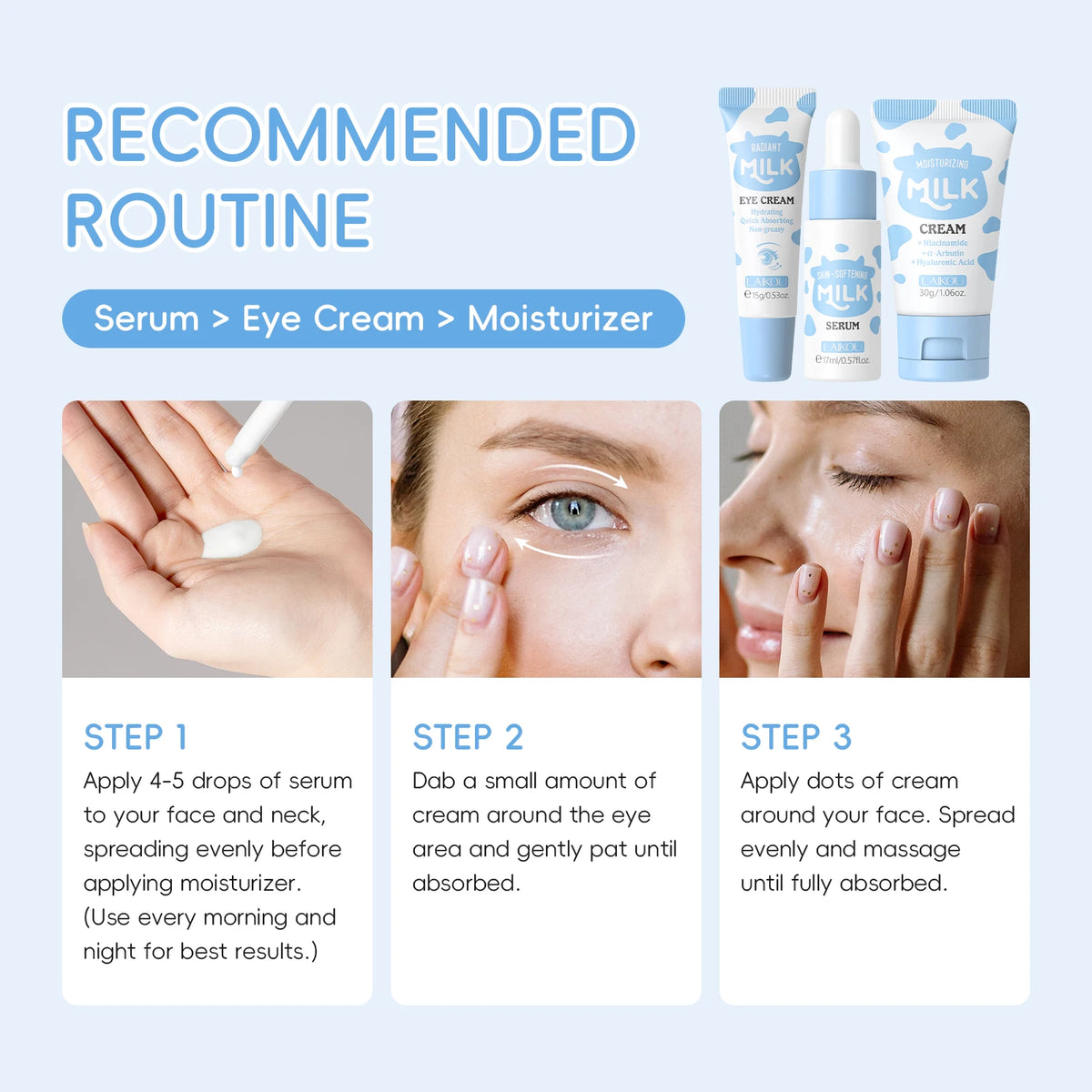 LAIKOU Milk Glowing Trio Skincare Set - Hydrating Serum & Cream Kit