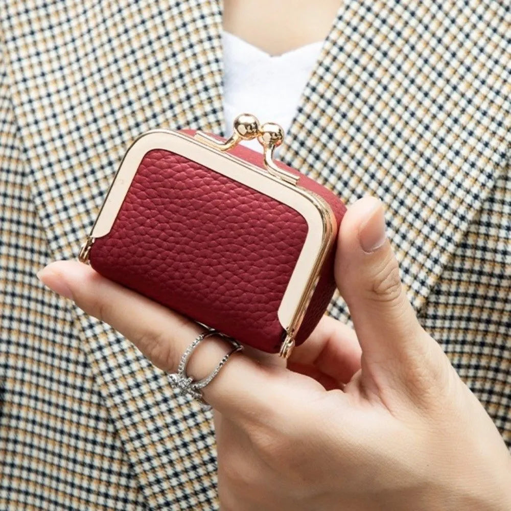 Wallet Genuine Leather Kiss Lock Coin Purse Solid Color Square Leather Jewelry Bag Multifunctional Mini Small Item Bag Earrings