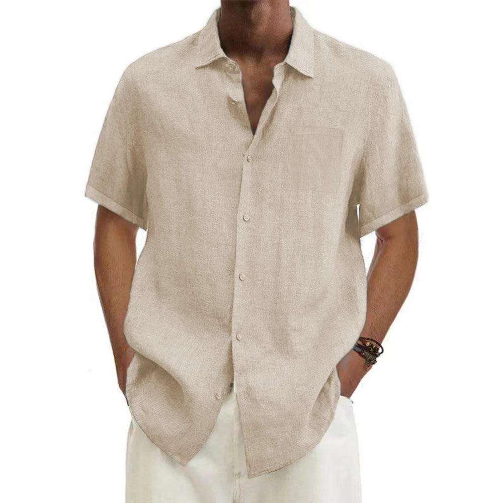 Men Cotton Linen  Men'S Short-Sleeved Shirts Summer Solid Color Turn-Down Collar Casual Beach Style Plus Size Tops