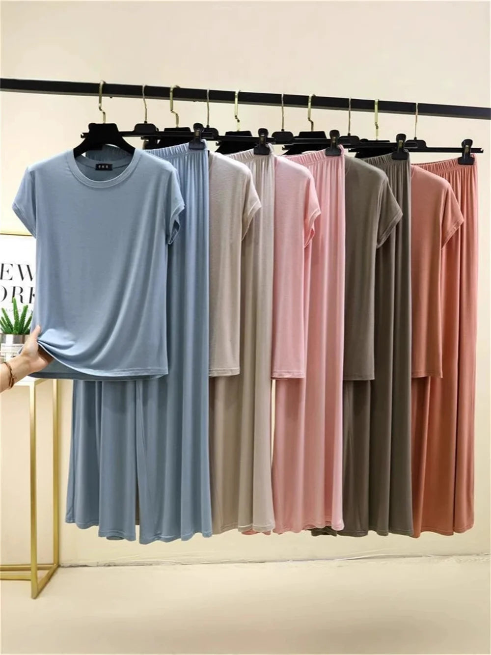 2025 Oversized M to 6XL Short Sleeve Tshirts and Wide leg pants Solid color Summer Modal Pajamas sets Casual homewear 2pcs suit