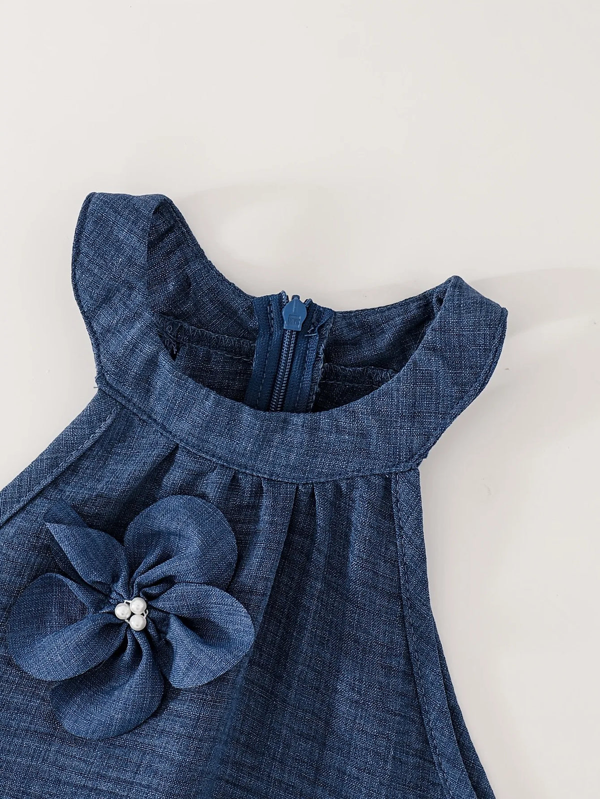 Girls Halter Neck Denim Dress 3D Pearl Flower Decor Sleeveless A‑Line Midi Dresses 4‑12Y Kids Party Dress For Wedding Birthday H