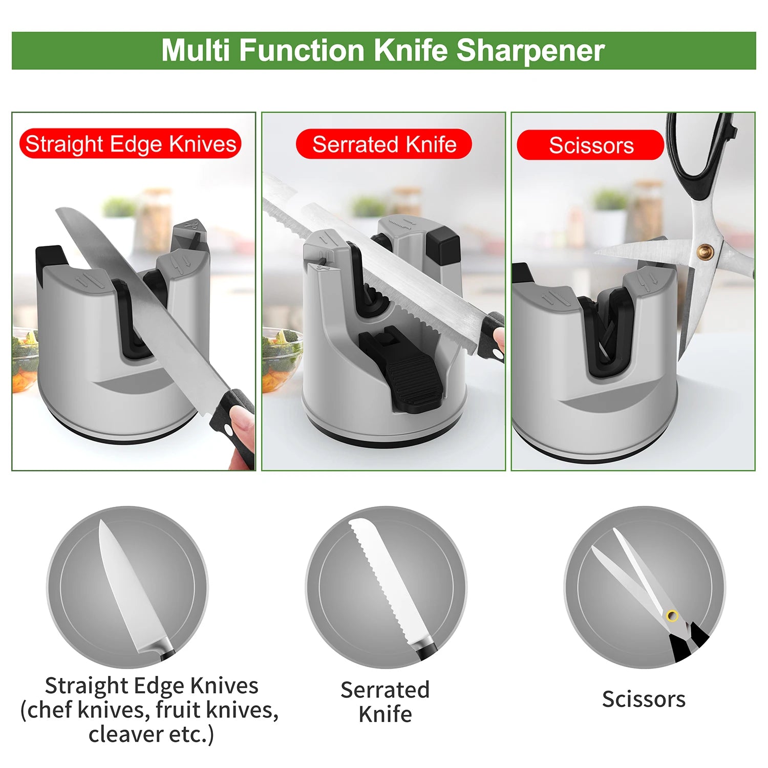 Afilador de Cuchillos de Cocina, Herramienta Multifunción de Afilado de Cuchillos con Ventosa Fija para Cuchillos Rectos y Dentados, Tijeras
