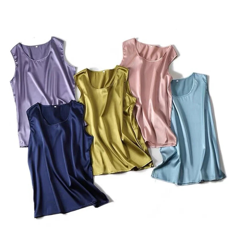 Elegant Fashion Satin Tank Tops Office Lady Blouse Shirts plus  Summer Slim Sleeveless Vest Women Simple O-neck Tops y2k clothes
