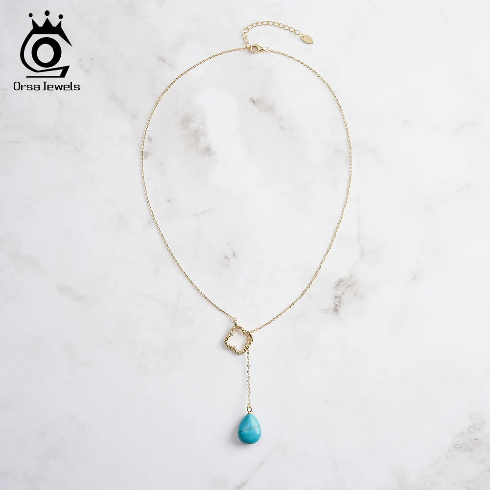 ORSA JEWELS Bohemia Turquoise Stone Pendant Necklace 925 Silver for Women Clavicle Chain Delicate Wedding Party Jewelry GMN47