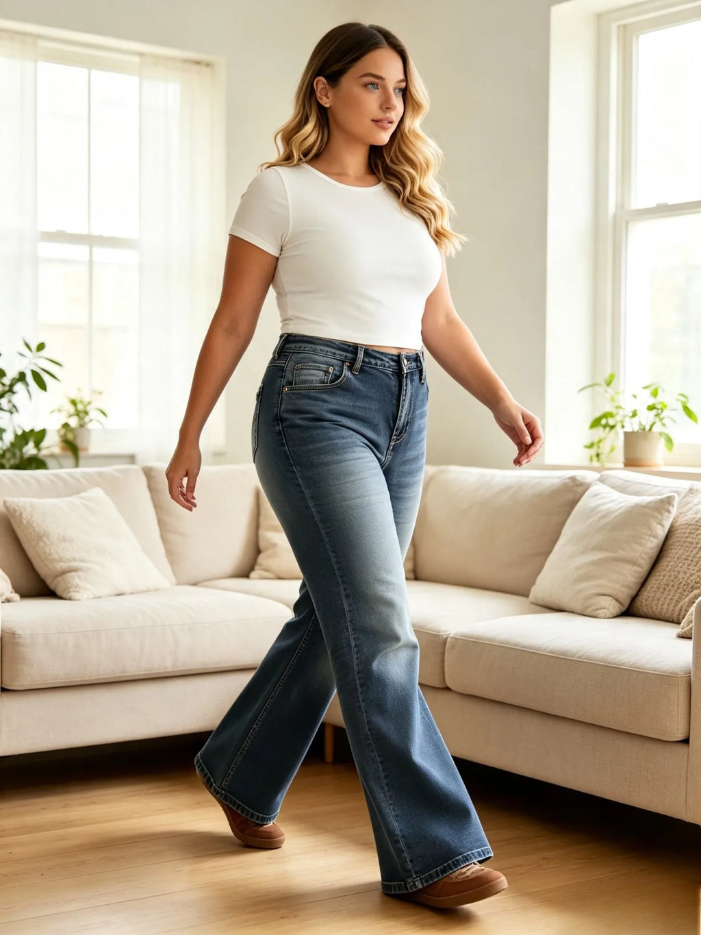 【HME】Jeans | Women Gradient Wash Denim Pants, Mid-High Waist Flare Bootcut Denim Jeans, Flap Back Pockets With Contrast Stitching, Vintage Retro Style Pants For Daily Casual & Commute Wear