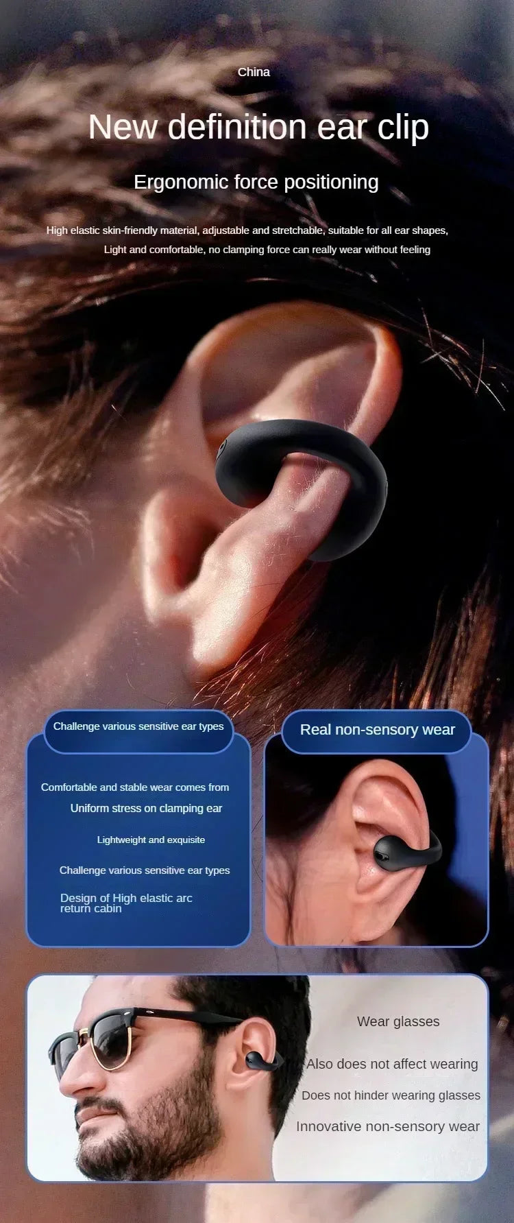 TWS Bluetooth Headset 5.3 Wireless Air Conduction Headphones Clip Ear Music Noise Canceling HD Call Sports Gaming Earphone