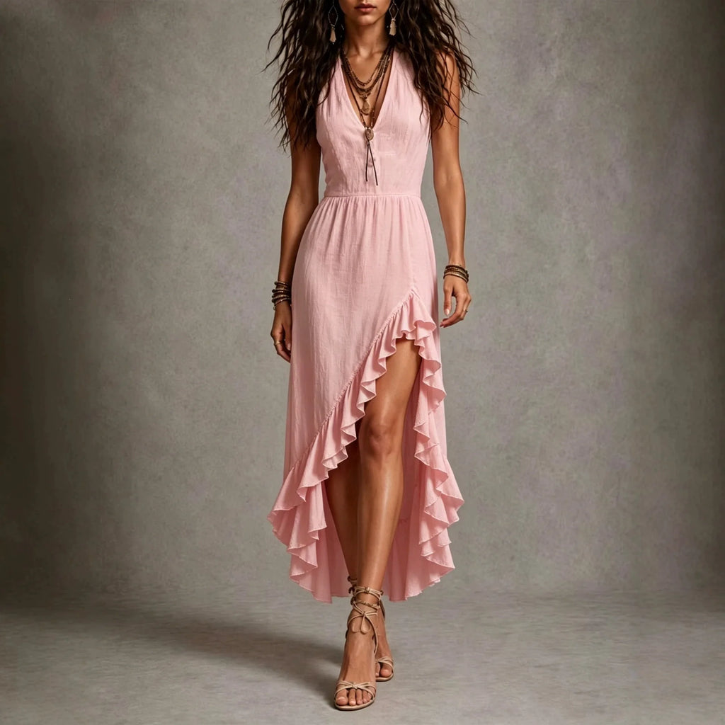Casual V-Neck Sleeveless Long Midi Dress Polyester Fabric Independent Station Women's Fashion Pleated High Waist Travel Style