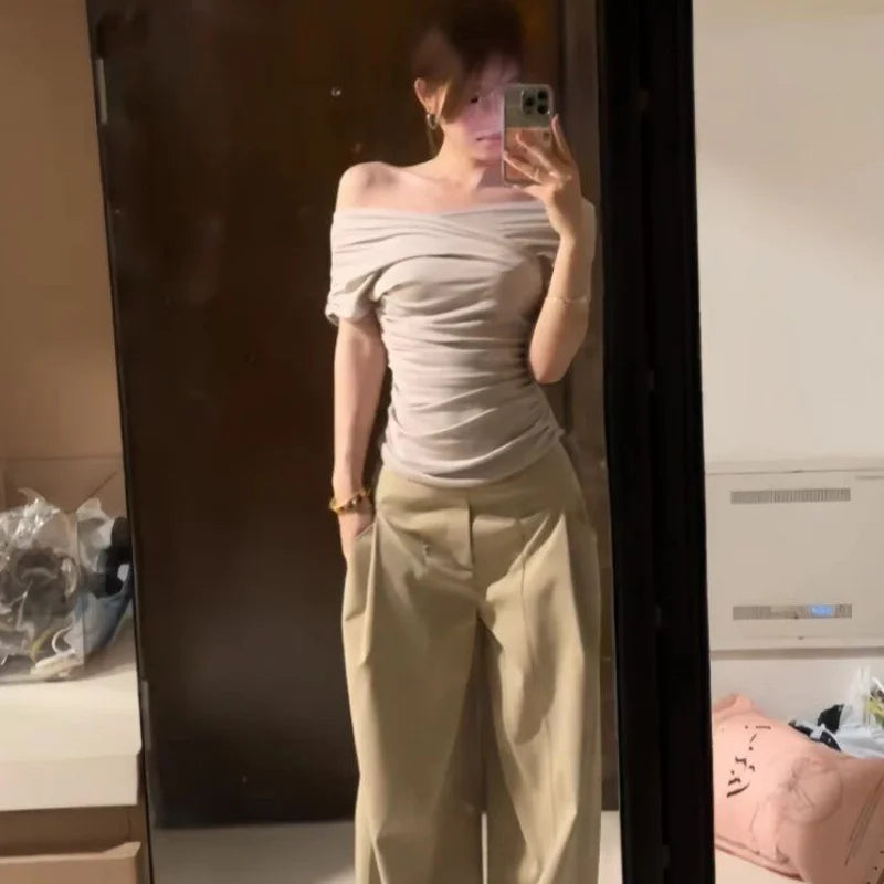 Women Hot Girl Irregular Ruched Off Shoulder T-Shirt Waist Cinched Figure Flattering Sexy Cutout Shoulder Ins Trendy Top