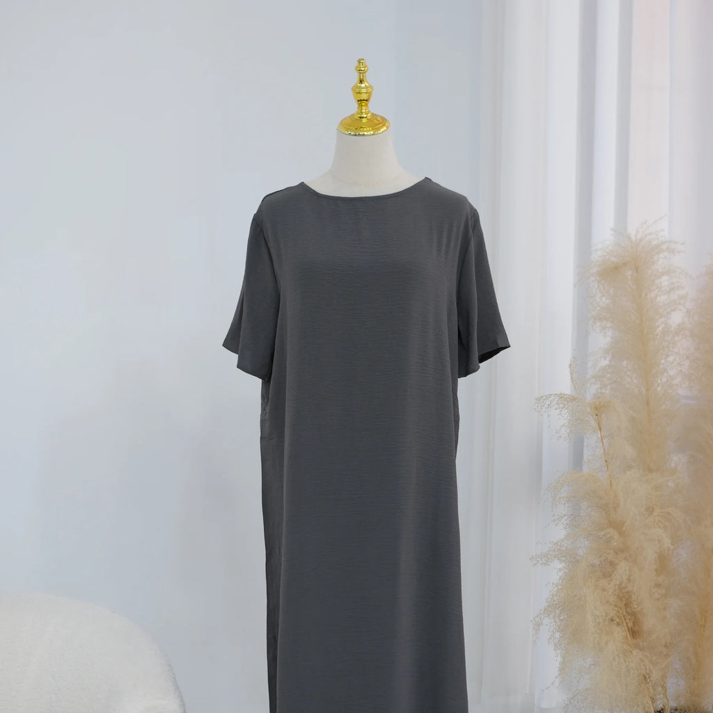 Modest Short Sleeve Women Inner Dress Basic Abaya Muslim Eid Ramadan Round Neck Maxi Loose Casual Long Versatile Fashion Kimono
