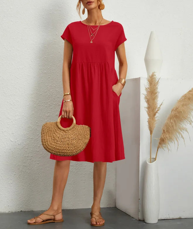 Customizable Fashion Solid Dress Women Cotton Linen O-Neck A-line Dress