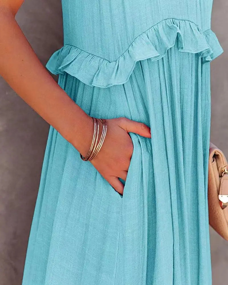 Women Halter Neck Maxi Dress Sleeveless Ruffle Tiered Loose Flowy Bohemian Beach Long Dress