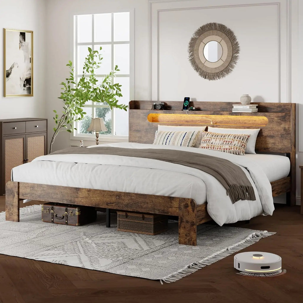 King Frame with Storage Headboard and Charging Station, Brown | Platform Bed Frame, LED Lights, Wooden Slats,, Customized