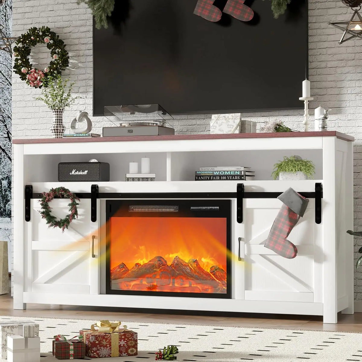 58" Farmhouse TV Stand with Electric Fireplace & Sliding Barn Door