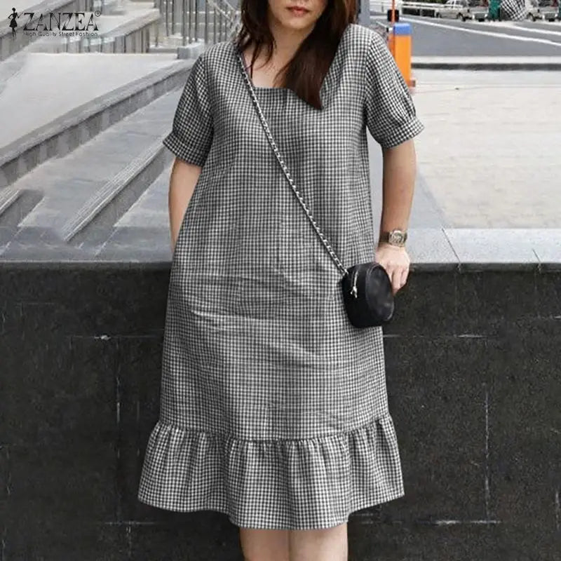 Summer Women's Gingham Knee-Length Dress Suqare Neck Short Puff Sleeve A-Line Ruffled Hem Dresses ZANZEA Daily Casual Robe Femme