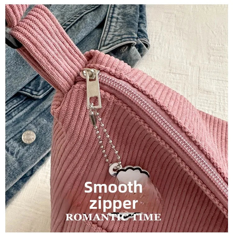 Women’s Corduroy Shoulder Bag, Casual Striped Large Capacity Tote with Zipper Closure, Cute Hat Patch, Perfect for Everyday Use