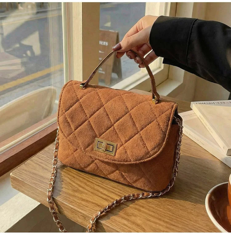 Diamond Grid Chain Crossbody Bag One Shoulder Purse Trendy Flip Top Clutch Women's Fashion Suede Leather Casual Shoulder Bag