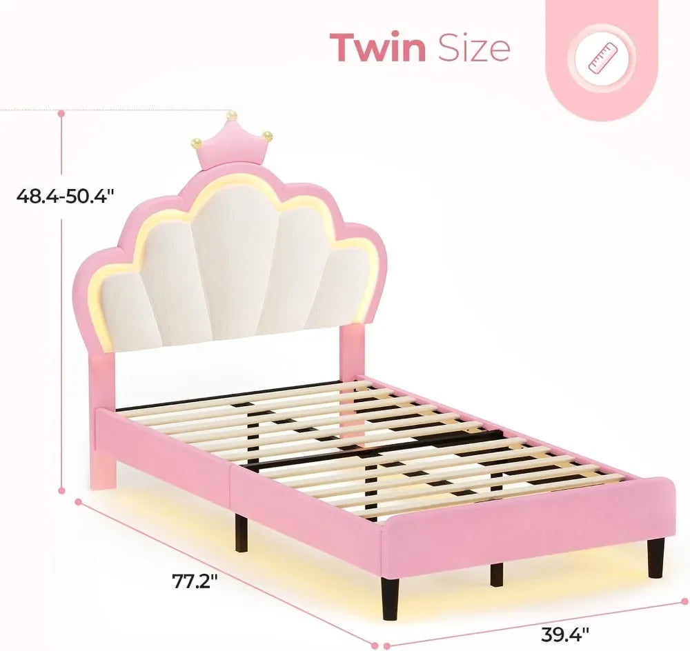 Princess Twin Bed Frame with LED Lights, Adjustable Velvet Headboard, Pink Girls Platform Bed, Solid Wood Support