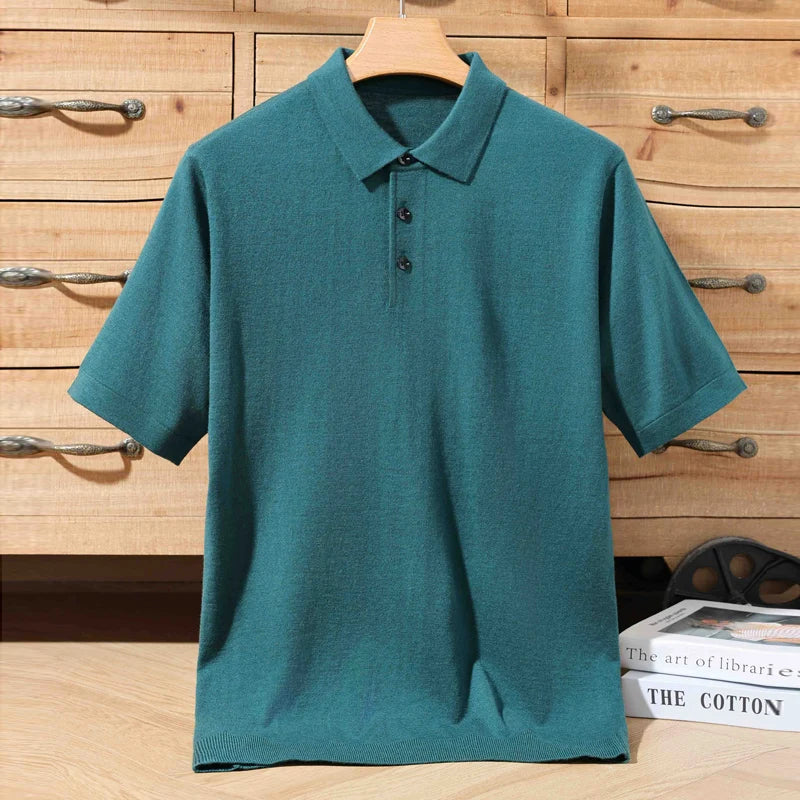 Summer 100% Merino Wool Men'S Lapel Pullover Short Sleeve Polo Neck Sweater Loose Top Business Casual Knit T-Shirt