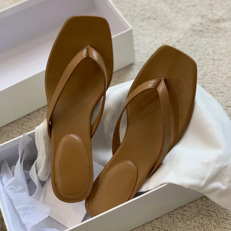 Leather High Heel Sandals For Women Elegant Chic Square Toe With Herringbone Design 2024 Summer
