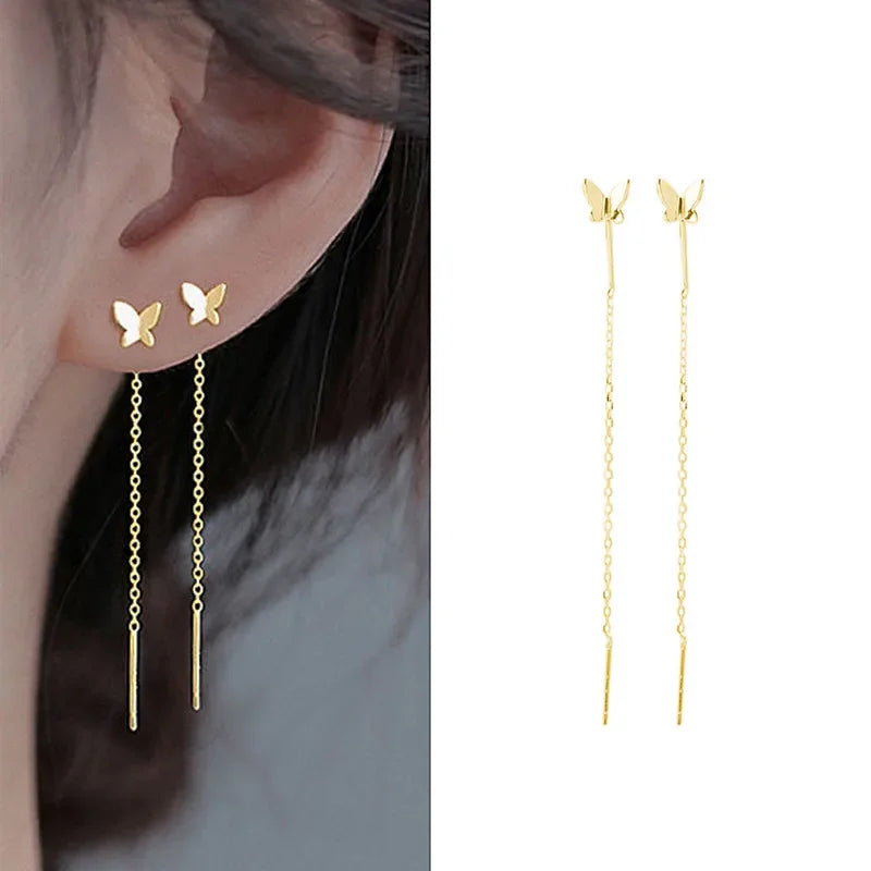 Rose Gold Threader Drop Earrings for Women Long Hanging Zircon Crystal Piercing Jewelry
