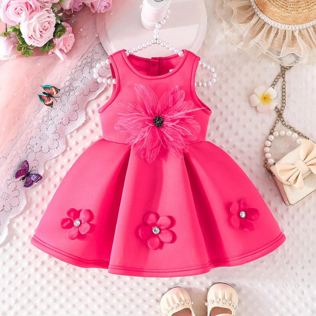 1-5Y Toddler Girl Party Dresses Sleeveless Front Fashion 3D Mesh Flower Dress For Girls Baby Kids Clothes Girls Birthday Gown