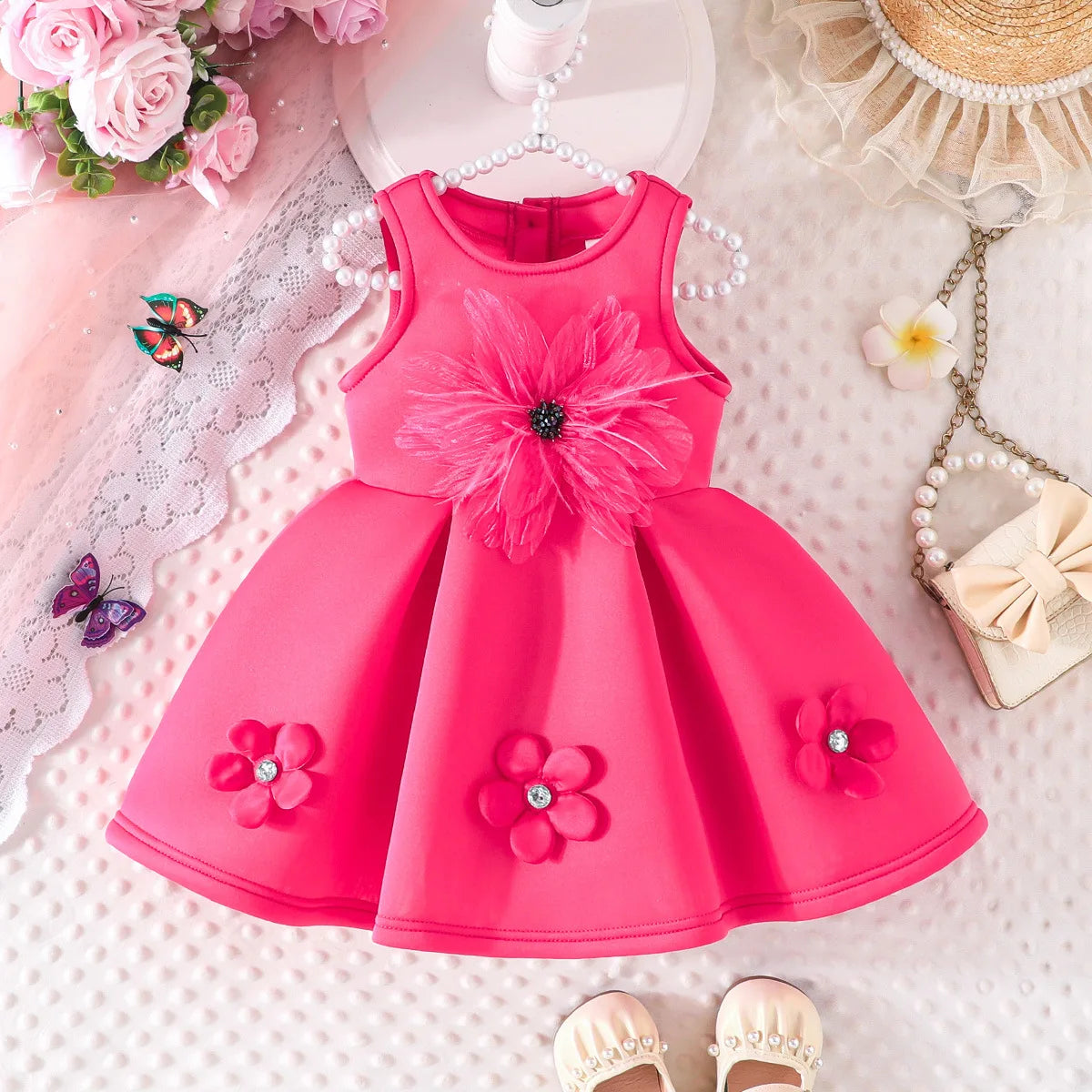 1-5Y Toddler Girl Party Dresses Sleeveless Front Fashion 3D Mesh Flower Dress For Girls Baby Kids Clothes Girls Birthday Gown