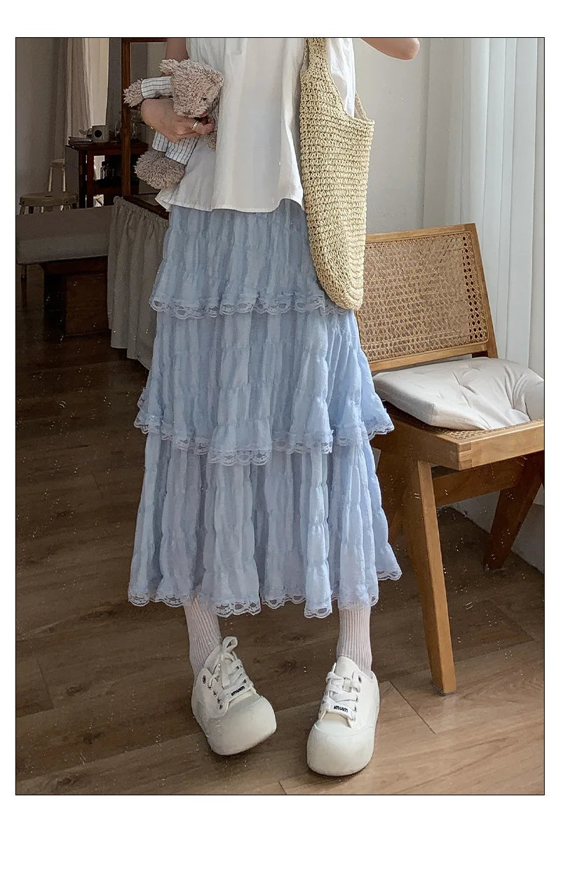 Sweet Lace Ruffles Long Skirt Women Summer Cute Puff Cake A Line Skirt Woman Korean Style High Waist White Chiffon Tulle Skirt