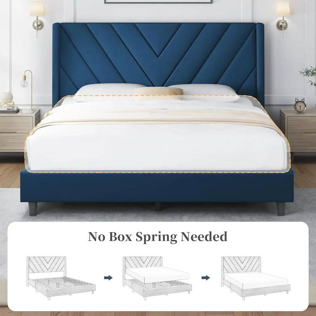Queen Bed Frame Upholstered Platform Bed with Wing Side/Wooden Slat Support/Tufted Headboard with Wing Side/Mattress Foundation