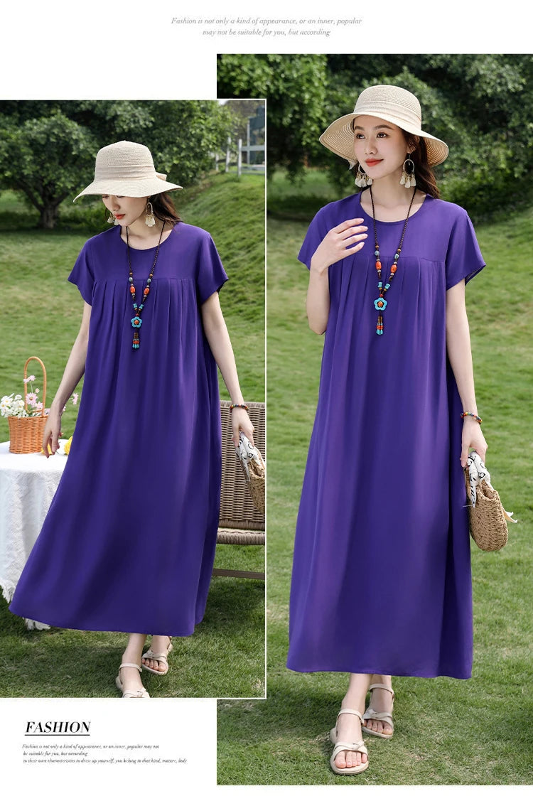 New Fashion Casual 2025 Summer Elegant Dresses For Women O-Neck Print Vintage Short Sleeve Dress Loose Women Clothing