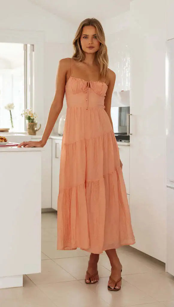 Women Spaghetti Strap Front Tie Tiered Flowy Backless Maxi Dress