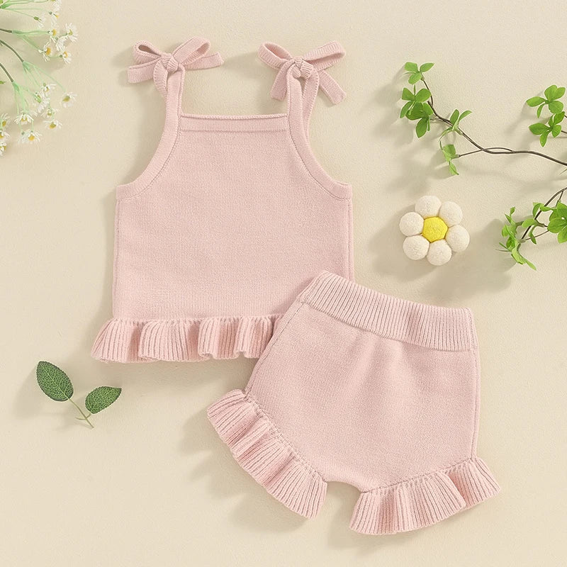 2024-01-15 Lioraitiin Newborn Baby Girl Outfits Knit Solid Color Sleeveless Cami Tops With Elastic Waist Shorts 2Pcs Clothes Set